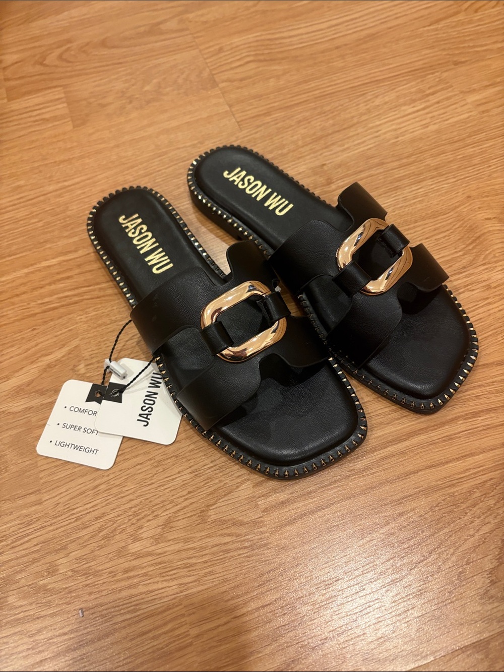 Jason Wu Black Slide Mules with Gold-Tone Buckle